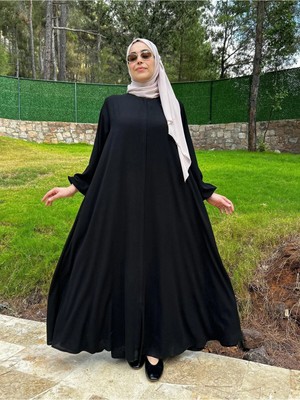 Berel Moda Tesettür Elbise Ferace Siyah Mevlana Kesim Cepli Manşeti Lastikli Krep