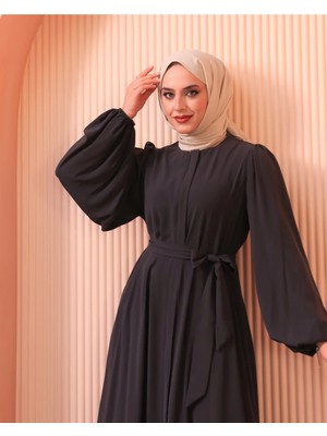Berel Moda Tesettür Elbise Ferace Antrasit Gri Lina Balon Kol Gizli Fermuarlı Cepli Kemerli