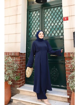 Berel Moda Tesettür Ikili Takım Lacivert Eflin Hakim Yaka Yırtmaç Detaylı Tunik Pantolon