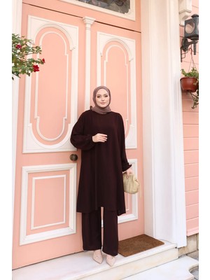 Berel Moda Tesettür Ikili Takım Acı Kahve Elif Giy Çık Oversize Yarasa Kol Tunik Pantolon