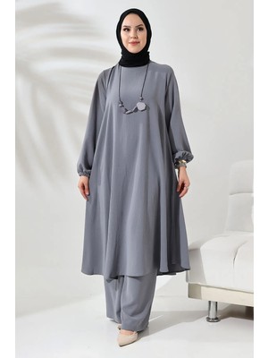Berel Moda Tesettür Ikili Takım Gri Mevlana Tam Kloş Tunik Pantolon Ithal Aerobin