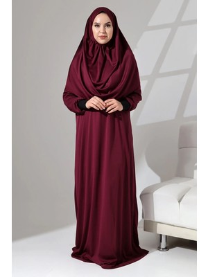 Berel Moda Namaz Elbisesi Bordo Tek Parça Kendinden Başörtülü Manşeti Sandy Örme