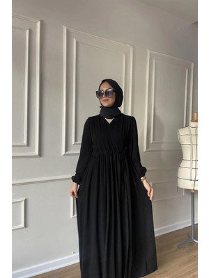Berel Moda Tesettür Elbise Ferace Siyah Hürrem Içten ve Dıştan Bağlamalı Kırışmaz Krep