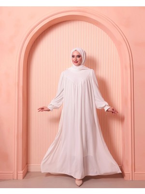 Berel Moda Tesettür Elbise Beyaz 3 Parçalı V Roba Umre ve Özel Günlere Uygun Maxi Boy