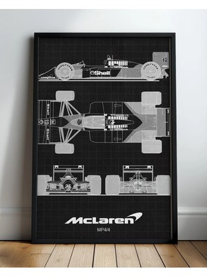 Mclaren Mp4/4 Teknik Çizim Çerçeveli Tablo Formula 1 Poster Ofis Duvar Dekoru Hediye