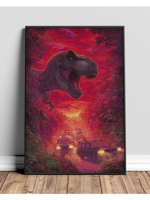 T-Rex Kırmızı Orman Retro Sinematik Çerçeveli Tablo Poster Salon Oda Duvar Dekoru Hediye