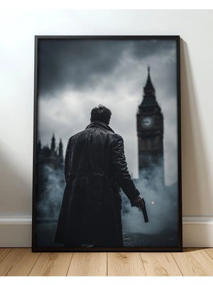 Big Ben Palto Adam Sis Sinematik Londra Çerçeveli Tablo Poster Salon Oda Duvar Dekoru Hediye