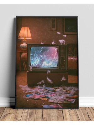 Retro Televizyon Galaksi Oda Sinematik Çerçeveli Tablo Poster Salon Oda Duvar Dekoru Hediye