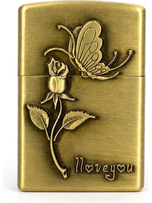 I Love You Kelebek & Gül Kabartmalı Antik Gold Gazlı Çakmak - Zippo Tarzı