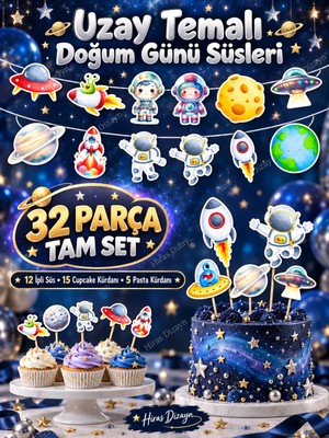 Hiras Dizayn 32 Parça Uzay Astronot Temalı Dev Set Doğum Günü Süsü, Banner Pasta Kürdanı Cupcake Süsü