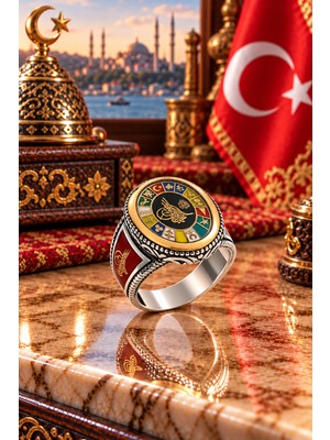 Siset Gümüş 925 Ayar Mine Kaplama Tuğra  Motifli  Türk  Devletleri  Erkek  Gümüş  Yüzük
