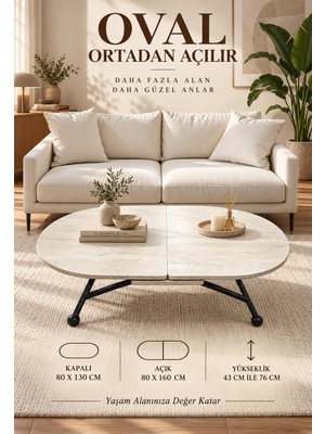 Ortadan Açılır Oval Akıllı Masa Mdf Tabla Traverten Alt Ayak Metal