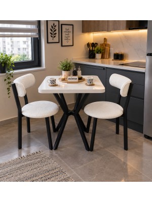 Evimse Mobilya Evimse Teddy Pro Serisi- 70X70 Mutfak Masa Takımı - Bukle Kumaş 2 Kişilik Siyah Metal Ayaklı Balkon, Bahçe, Kafe & Restoran Masası