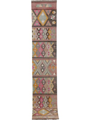 Etnik Bulvar Yün Kahverengi El Dokuması Kilim 72 x 384 cm