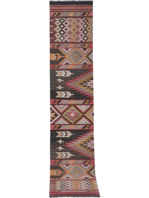 Etnik Bulvar Yün Kahverengi El Dokuması Kilim 77 x 387 cm