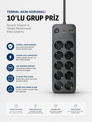 Royaleks Termal Akım Korumalı USB Type-C Girişli 10'lu Grup Priz 2500W Güç Kapasitesi (Kopya)