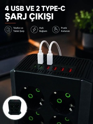 Royaleks 8'li Dikey Çoklu Priz 4 USB 2 Type-C Akım Korumalı Anahtarlı Priz