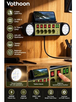 Royaleks Akıllı Masaüstü Duvar Tipi Akım Korumalı 5’li Priz 3680W LED Işıklı Usb-A Type-C Telefon