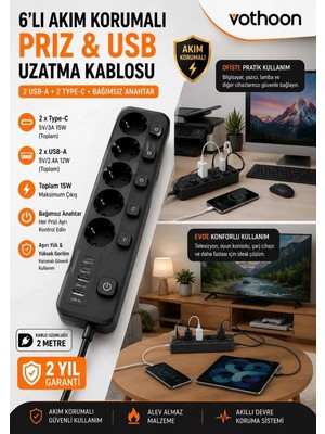 Royaleks Akım Korumalı 5’li Priz 2xusb 2xtype-C Çıkış Akım Koruma Çoklu Priz Çoğaltıcı Anahtarl