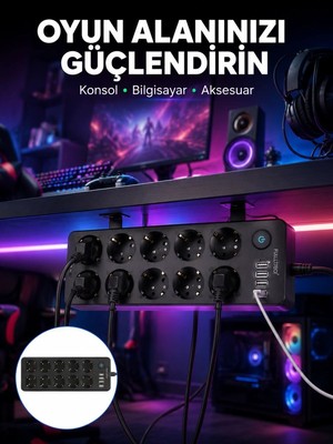 Royaleks USB ve Type-C Çıkışlı 10'lu Akım Korumalı Çoklu Priz Güç Dağıtıcı