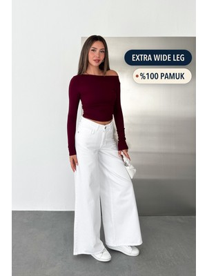 Hlt Jeans Kadın Beyaz Extra Wide Leg Yüksek Bel %100 Pamuk Jean Kot Pantolon ANGEL-2058