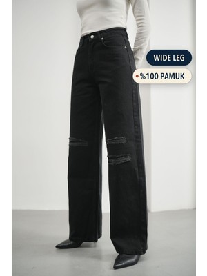 Hlt Jeans Kadın Siyah Yırtıklı Wide Leg Yüksek Bel %100 Pamuk Jean Kot Pantolon JESSİCA-2038