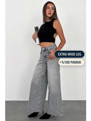 Hlt Jeans Gri Kar Kadın Extra Wide Leg Jean %100 Pamuklu Yüksek Bel Kot Pantolon ANGEL-2050