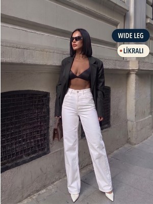 Hlt Jeans Kadın Beyaz Yıkamalı Wide Leg Yüksek Bel Likralı Jean Kot Pantolon JESSİCA-2040