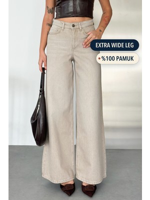 Hlt Jeans Bej Kadın Extra Wide Leg Jean %100 Pamuklu Yüksek Bel Kot Pantolon ANGEL-2060