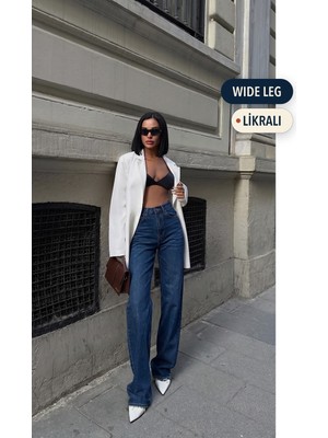 Hlt Jeans Koyu Mavi Kadın Wide Leg Jean Yüksek Bel Likralı Esnek Kot Pantolon Jessica-kymavi