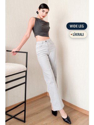 Hlt Jeans Gümüş Gri Kadın Wide Leg Jean Yüksek Bel Likralı Esnek Kot Pantolon JESSİCA-2042