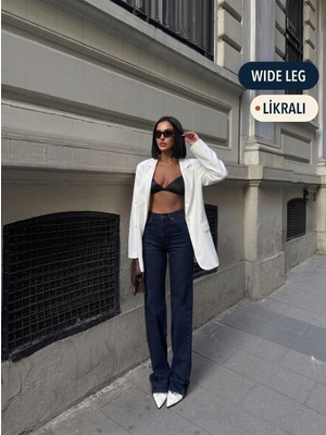 Hlt Jeans Kadın Lacivert Wide Leg Yüksek Bel Likralı Jean Kot Pantolon JESSİCA-2041