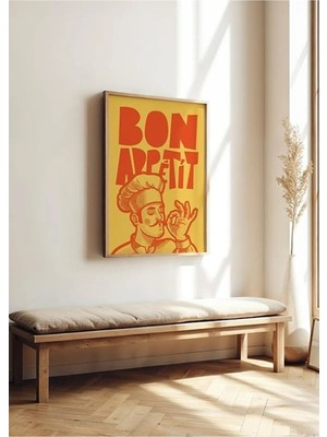 Chefs Bon Appetit Şef Yazılı Ahşap Çerçeveli Mdf Tablo Poster Mutfak Duvar Dekoru Hediye