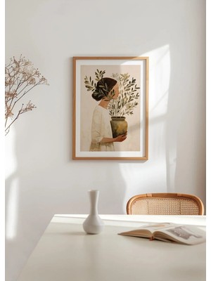 Yaprak Fısıltısı Vazo Botanik Ahşap Çerçeveli Mdf Tablo Poster Salon Duvar Dekoru Hediye