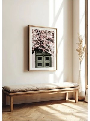Yeşil Kapı Pembe Çiçekler Ahşap Çerçeveli Mdf Tablo Poster Salon Duvar Dekoru Hediye