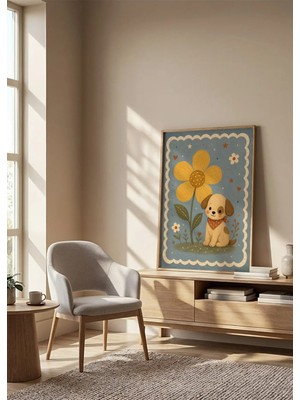Çiçekli Sevimli Köpek Yavrusu Ahşap Çerçeveli Mdf Tablo Poster Bebek Odası Duvar Dekoru Hediye