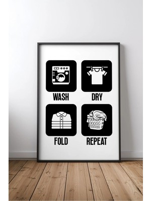Laundry Steps Wash, Dry, Fold, Repeat Banyo Yazılı Çerçeveli Mdf Tablo Poster Banyo Hediye