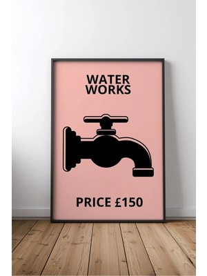 Water Works Tap Illustration Banyo Yazılı Çerçeveli Mdf Tablo Poster Banyo Duvar Dekoru Hediye