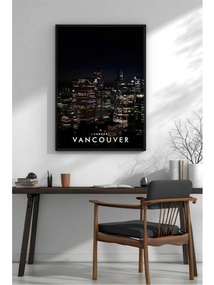 Vancouver Gece Şehir Silüeti Çerçeveli Mdf Tablo Poster Salon Duvar Dekoru Hediye