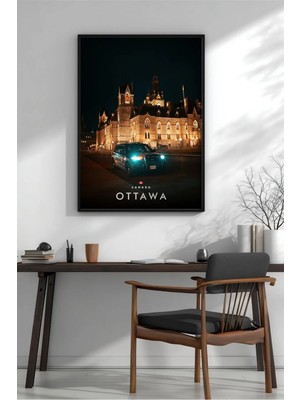 Ottawa Parlamento Binası Gece Çerçeveli Mdf Tablo Poster Salon Duvar Dekoru Hediye