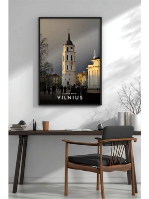 Vilnius Katedrali Çan Kulesi Gün Batımı Çerçeveli Mdf Tablo Poster Salon Duvar Dekoru Hediye