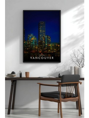 Vancouver Kanada Gece Şehir Manzarası Çerçeveli Mdf Tablo Poster Salon Duvar Dekoru Hediye