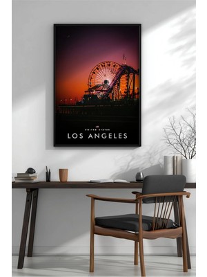 Los Angeles Dönme Dolap Gün Batımı Çerçeveli Mdf Tablo Poster Salon Duvar Dekoru Hediye