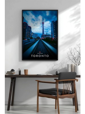 Toronto Gece Şehir Manzarası Çerçeveli Mdf Tablo Poster Salon Duvar Dekoru Hediye