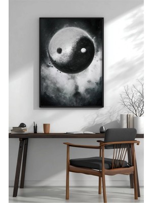 Yin Yang Siyah Beyaz Sanat Çerçeveli Mdf Tablo Poster Salon Duvar Dekoru Hediye