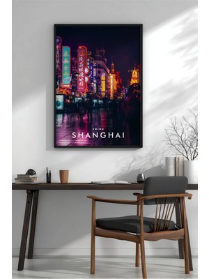 Şangay Gece Şehir No 3 Çerçeveli Mdf Tablo Poster Salon Duvar Dekoru Hediye
