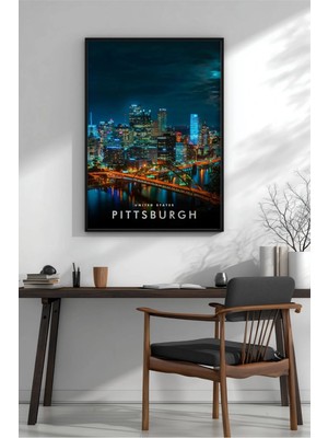 Pittsburgh Gece No 2 Çerçeveli Mdf Tablo Poster Salon Duvar Dekoru Hediye