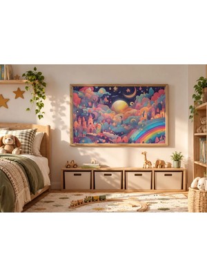 Renkli Fantastik Şato Gökkuşağı Yatay Çerçeveli Mdf Tablo Poster Çocuk Odası Duvar Dekoru Hediye