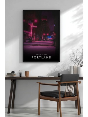 Portland Oregon Gece Çerçeveli Mdf Tablo Poster Salon Duvar Dekoru Hediye