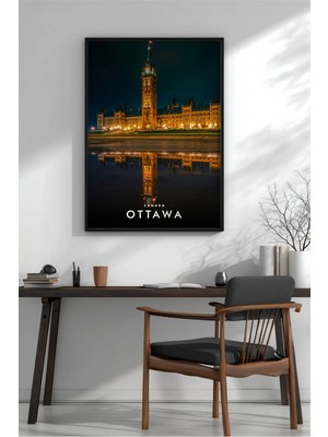 Ottawa Parlamento Tepesi Gece Yansıma Çerçeveli Mdf Tablo Poster Salon Duvar Dekoru Hediye